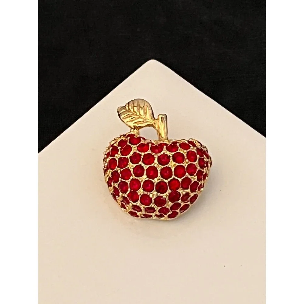 Vintage 1960s Red Rhinestone Apple Brooch Textured Pave Gold Tone - 1I